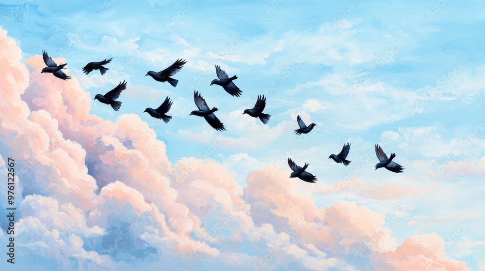 A serene sky filled with flying birds against a backdrop of soft, colorful clouds at sunset, creating a peaceful atmosphere. A serene sky filled with flying birds against a backdrop of soft, colorful clouds at sunset, creating a peaceful atmosphere.