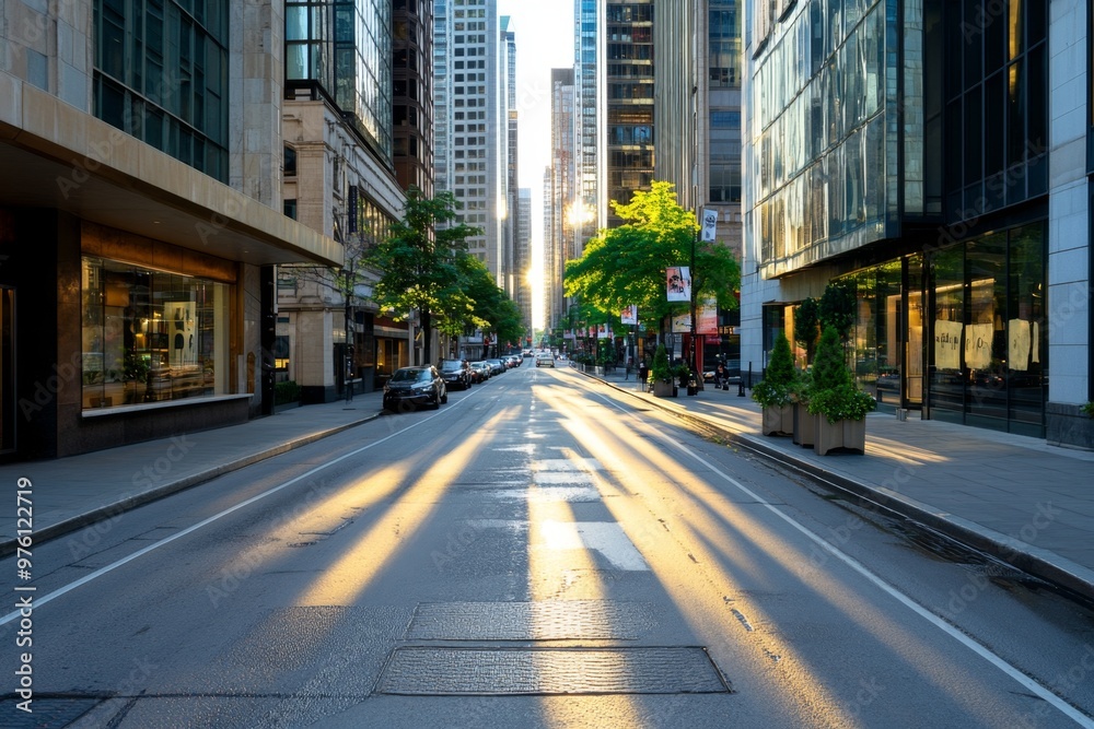 A city street at dawn, with the first light casting long shadows across the buildings A city street at dawn, with the first light casting long shadows across the buildings