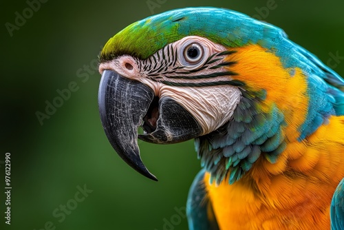 A close-up of a colorful parrot's beak and vibrant feathers, showcasing the intricate textures and patterns