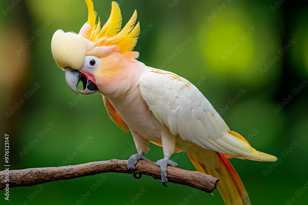 A cockatoo playfully using its beak to hang from a branch, its crest of feathers raised in excitement A cockatoo playfully using its beak to hang from a branch, its crest of feathers raised in excitement