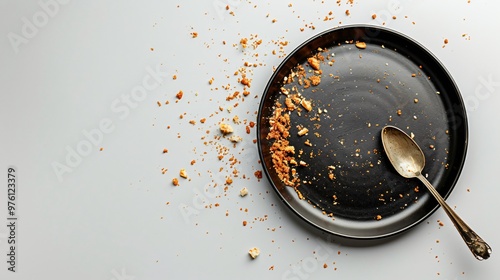 Modern Rustic Empty Plate with Crumbs and Dirty Spoon on Table