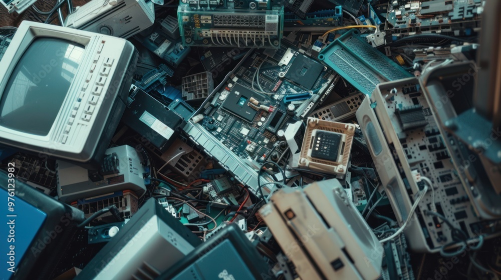 Conceptual image highlighting the problem of electronic waste. Conceptual image highlighting the problem of electronic waste.