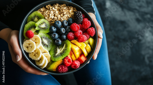 A healthy bowl of fresh fruits, granola, and oats held by a person wearing athletic clothing.