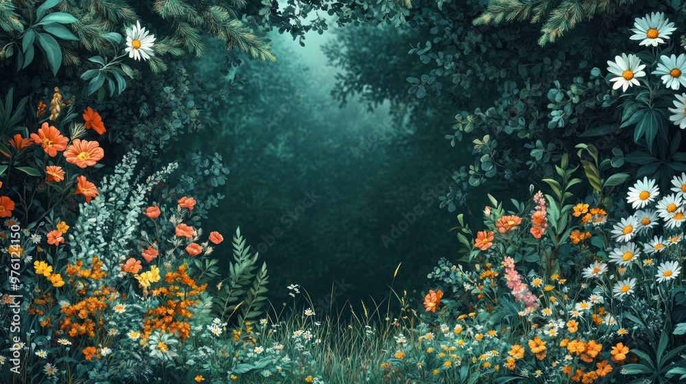 Lush floral scene with vibrant flowers and greenery in a serene setting. Lush floral scene with vibrant flowers and greenery in a serene setting.