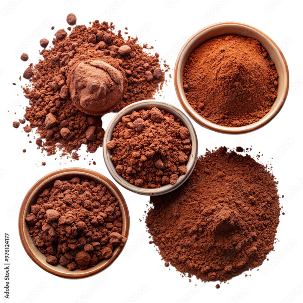 Set of cocoa chocolate powder top view isolated on transparent background. Set of cocoa chocolate powder top view isolated on transparent background.