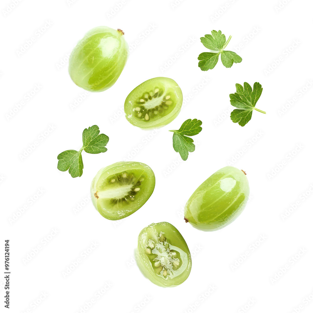 Falling Gooseberry slice isolated on transparency background Falling Gooseberry slice isolated on transparency background