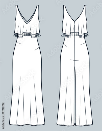 Long Bias Dress technical fashion illustration. Tassel trim Dress fashion flat technical drawing template, frills, back zipper, front and back view, white, women CAD mockup.