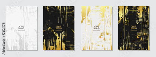Cover design set. Textured marble backgrounds, gold texture. Geometric vintage pattern with stains, cracks, scratches. Original collection, grunge overlay layer. Vertical templates.