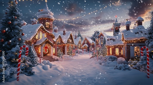Beautiful Winter Scene of Santa's Workshop Exterior Set in the North Pole Surrounded by Snow for Holiday Marketing and Decoration Use