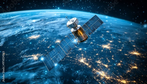 Telecom satellite in earth s orbit with holographic data for global connectivity and gps services photo