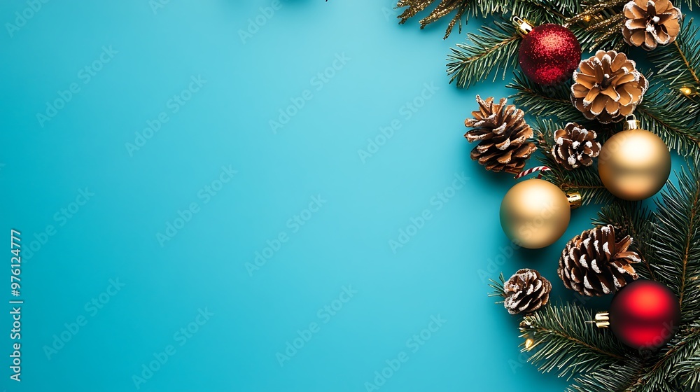 Christmas background with fir tree branches, pine cones and Christmas balls on blue background. Christmas background with fir tree branches, pine cones and Christmas balls on blue background.