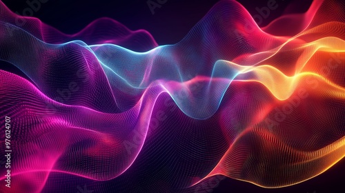 Abstract digital waving dots particle technology background. 3D render flowing coloring line. 