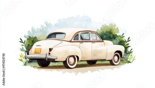 Capture a vintage cars elegant rear silhouette highlighted by warm sunlight and surrounded by lush greenery in a realistic oil painting style