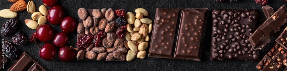 Dark chocolate, mixed nuts, and dried fruits in the background. Dark chocolate, mixed nuts, and dried fruits in the background.