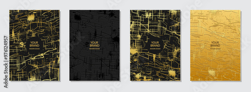 Cover design set. Textured marble backgrounds, gold texture. Geometric stylish pattern with spots, cracks, scratches. Original collection, grunge overlay layer. Vertical templates.