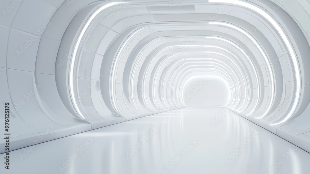 Futuristic white tunnel with smooth surfaces and ambient lighting, creating a modern and sleek atmosphere. Futuristic white tunnel with smooth surfaces and ambient lighting, creating a modern and sleek atmosphere.