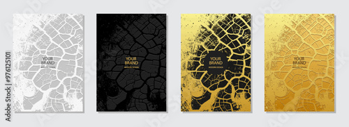 Cover design set. Textured marble backgrounds, gold texture. Geometric abstract pattern with stains, cracks, scratches. Original collection, grunge overlay layer. Vertical templates.
