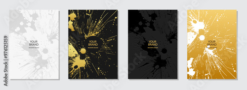 Cover design set. Textured marble backgrounds, gold texture. Geometric trendy pattern with spots, cracks, scratches. Original collection, grunge overlay layer. Vertical templates.