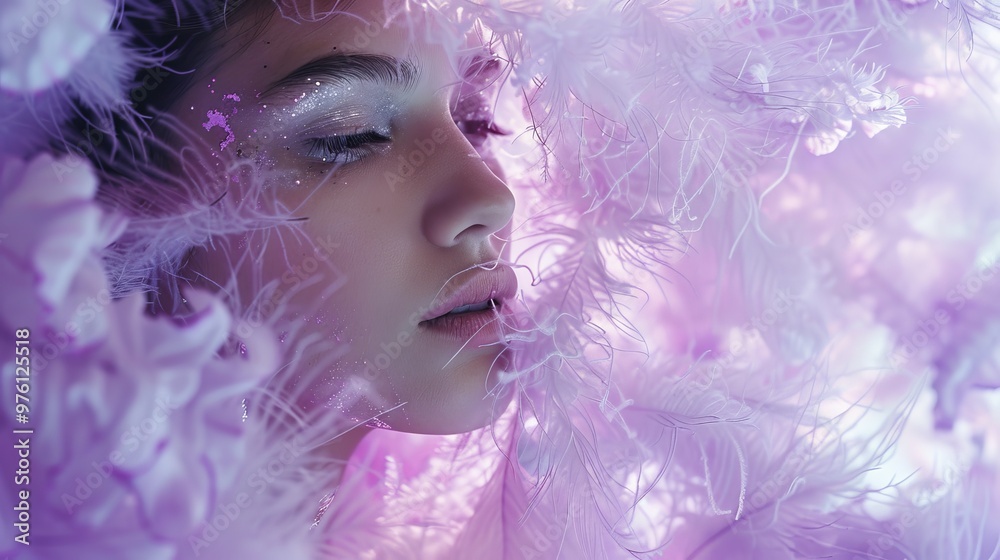 A woman is wearing a purple feathery dress and is surrounded by feathers A woman is wearing a purple feathery dress and is surrounded by feathers