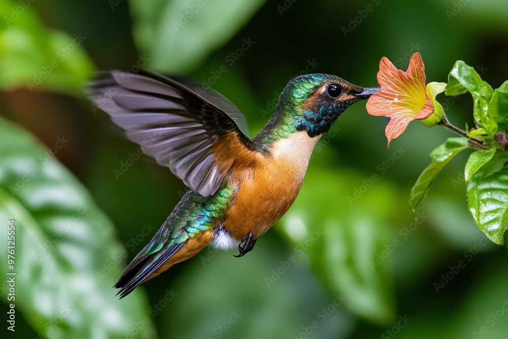 Fototapeta premium A hummingbird hovering near a flower, with iridescent feathers catching the light and its beak delicately sipping nectar