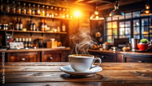 Steaming hot coffee cup on a rustic cafe wooden bar