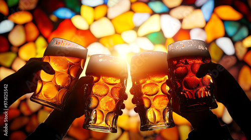 Cheers to friendship! Glasses of beer raised in celebration against a colorful stained glass background, symbolizing joy and togetherness.