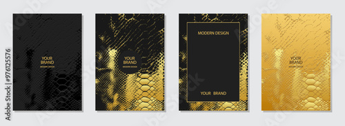 Cover design set. Textured marble backgrounds, gold texture. Geometric snake pattern with spots, cracks, scratches. Original collection, grunge overlay layer. Vertical templates.