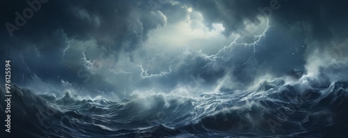 A powerful illustration of a stormy ocean with crashing waves and a dark blue sky