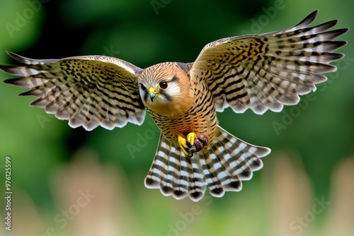 A kestrel hovering above a field, its wings beating rapidly, feathers spread wide as it focuses its beak on its prey below