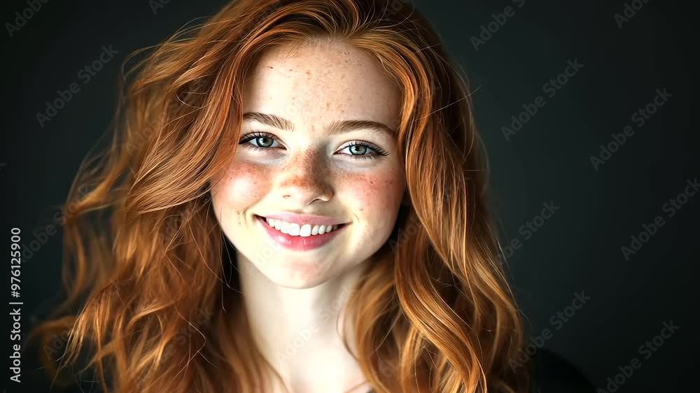 Softly lit studio portrait of a freckled young woman, smiling with natural beauty and grace Softly lit studio portrait of a freckled young woman, smiling with natural beauty and grace