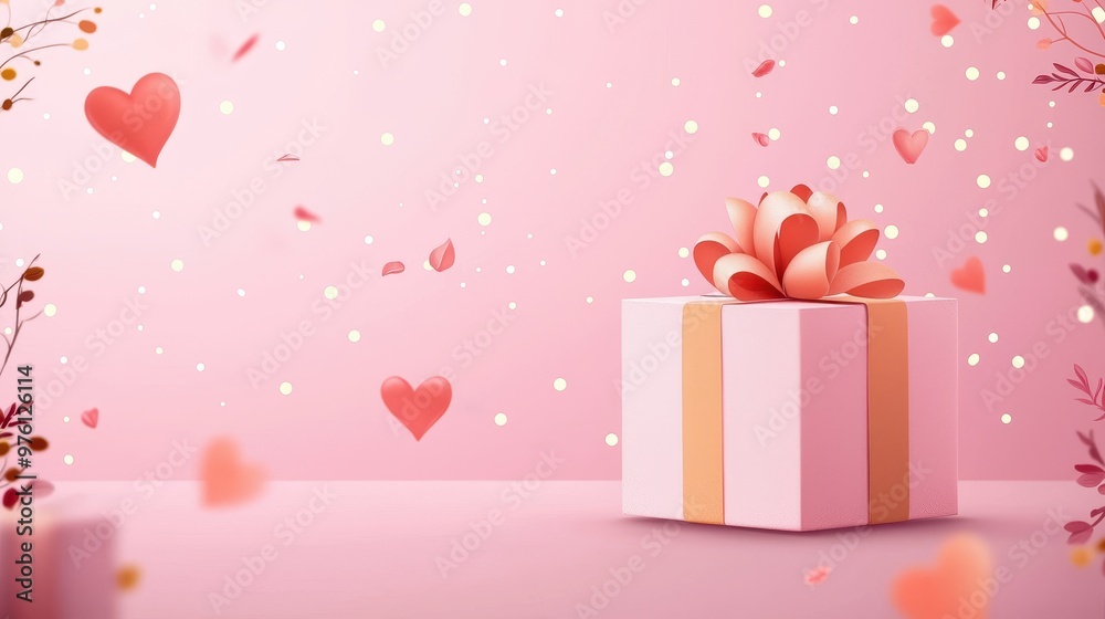 A beautifully wrapped gift box adorned with a flower, surrounded by floating hearts on a soft pink background, perfect for celebrations. A beautifully wrapped gift box adorned with a flower, surrounded by floating hearts on a soft pink background, perfect for celebrations.