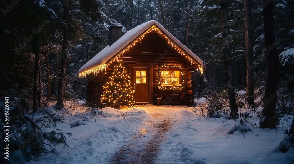 A Cozy Winter Cabin in the Woods with Glowing Christmas Lights Perfect for Holiday Decorations A Cozy Winter Cabin in the Woods with Glowing Christmas Lights Perfect for Holiday Decorations