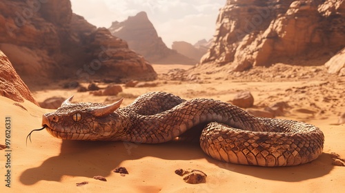 13. The arid terrain of a desert with a horned viper blending into the sandy environment photo