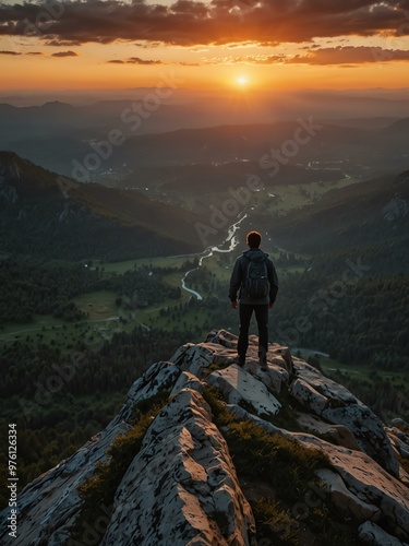 Man on a mountain peak watching a sunset.