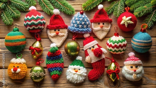 Cozy handmade knitted Christmas decorations in various designs and colors