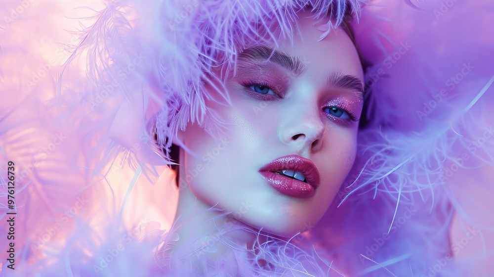 A woman with purple hair and makeup is wearing a feathery headpiece A woman with purple hair and makeup is wearing a feathery headpiece