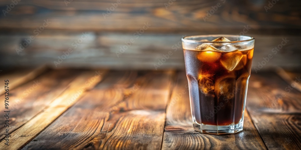 Close up shot of a refreshing glass of ice americano coffee on a wooden table with selective focus