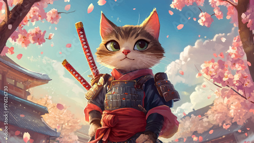 Cute Samurai Cat Against Backdrop Of Blooming Sakura Watercolor Illustration For Childrens Book Adorable Character Blossoms Kids Storybook Charming Japanese Scene