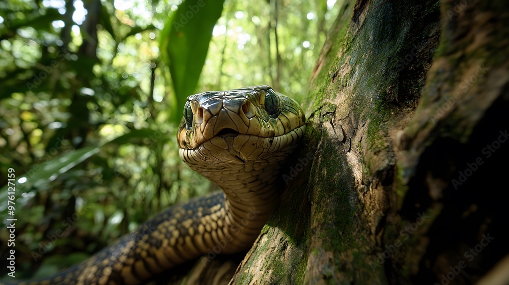 20. A tropical rainforest with a highly venomous king cobra emerging from behind a large tree 20. A tropical rainforest with a highly venomous king cobra emerging from behind a large tree
