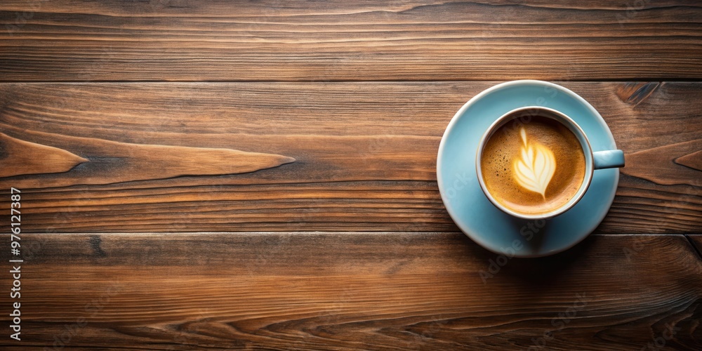 Top view of a ceramic cup of coffee on a wooden table