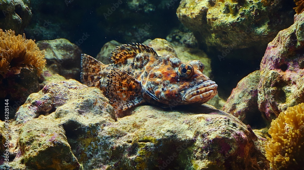 34. The rocky seabed of a tropical lagoon with a stonefish camouflaged among the rocks and corals