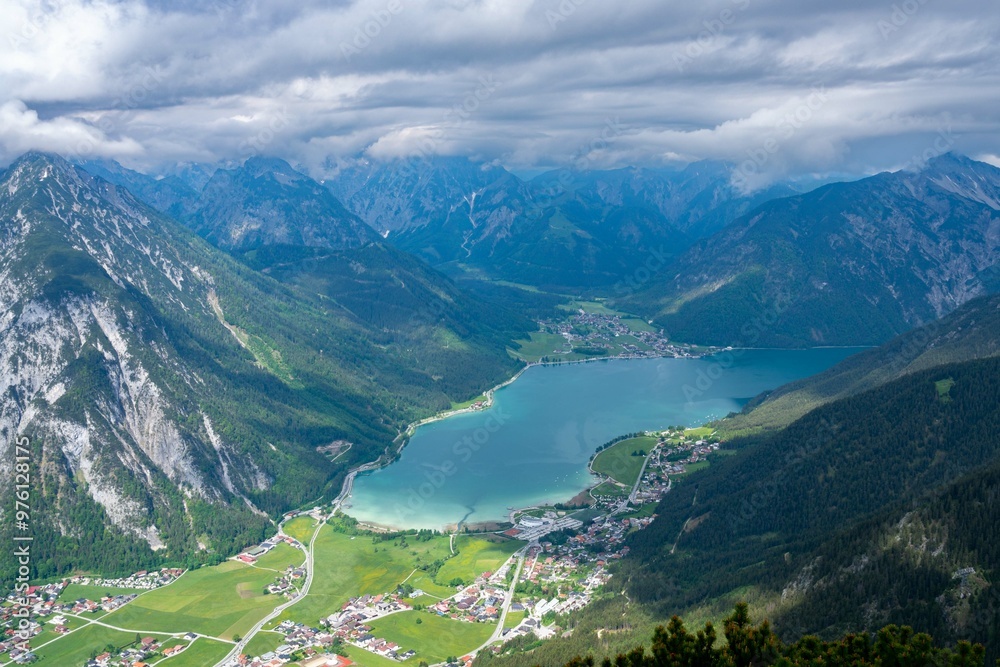 view from the mountain of lake and mountains view from the mountain of lake and mountains