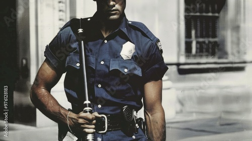 Police officer in uniformstanding firmly withdetermined expression,holding law enforcementbaton and badge,symbolizingauthoritative presence andenforcement action.