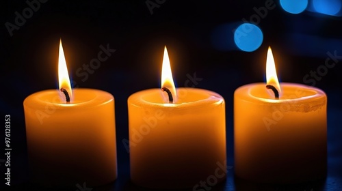 Three lit candles sitting on top of a table.