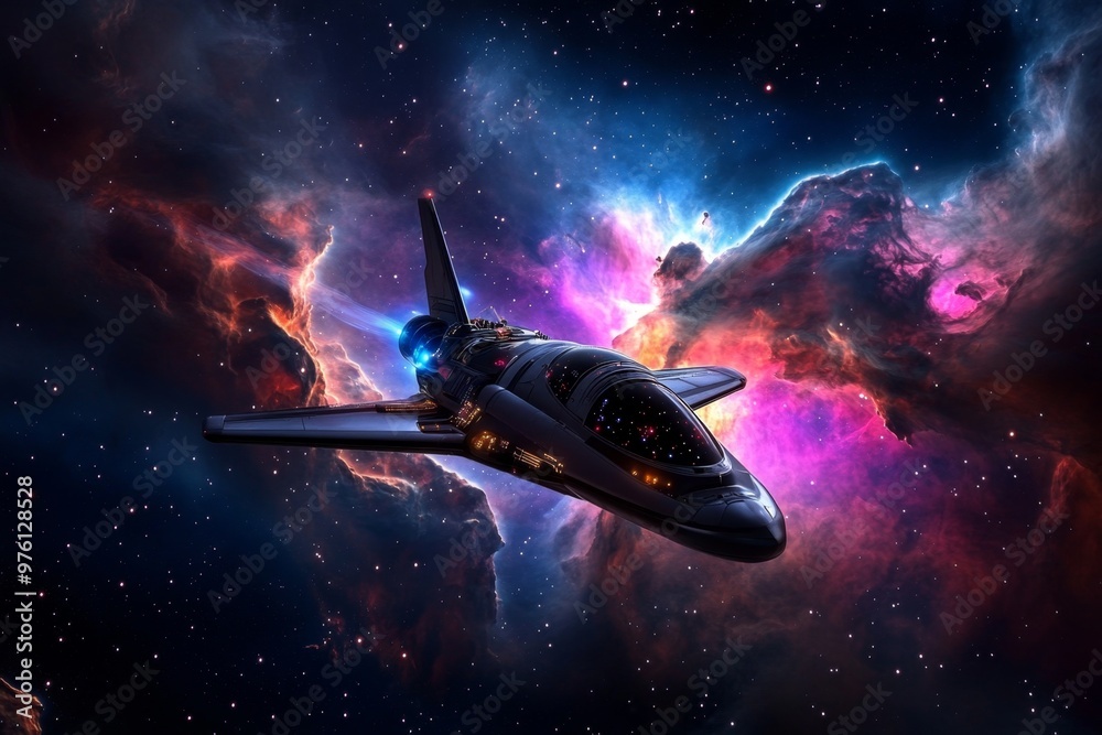 A spaceship exploring the edge of a nebula, with colorful gas clouds and stars all around A spaceship exploring the edge of a nebula, with colorful gas clouds and stars all around