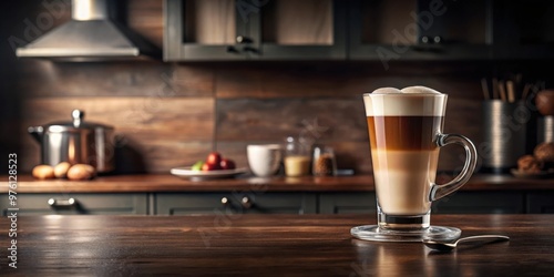 Latte coffee in a glass with foam in a modern dark brown kitchen interior, with copy space