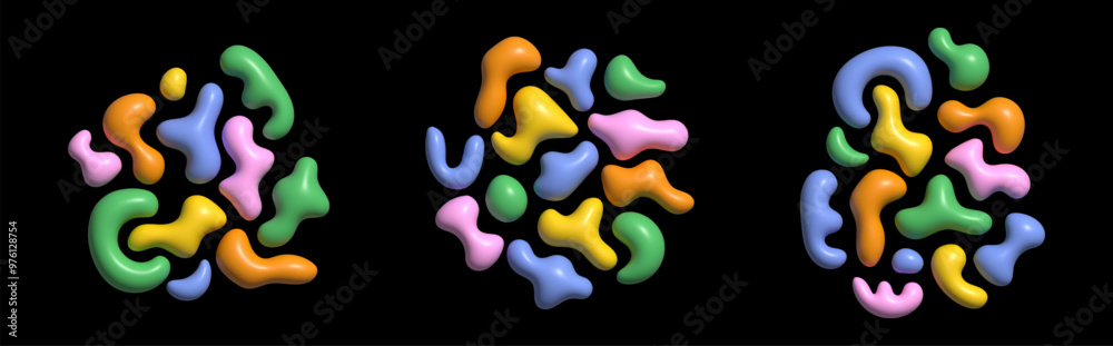 Obraz premium 3D fun cartoon plastic shapes set. Y2K freeform kid design elements. Vector 3d render of multicolor liquid doodle figures. Cool childish abstract background with colorful paint blots, amorphous blobs.