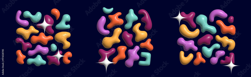 Obraz premium 3D fun cartoon plastic shapes set. Y2K freeform kid design elements. Vector 3d render of multicolor liquid doodle figures. Childish abstract background with colorful paint blots, amorphous blobs, star