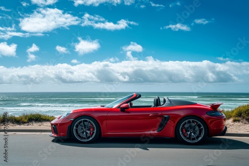 Vibrant red convertible sports car against a sunny beach and ocean backdrop with clear blue skies