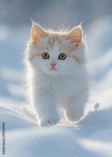 A small white and orange kitten running through the snow.